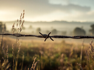 Obraz premium Barbed wire fence in a rural landscape during early morning mist