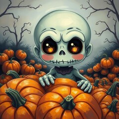 Kleiner Zombie mit riesigen Augen und rosa Bäckchen zwischen Kürbissen, witziges Halloween-Motiv mit Gruselfaktor.