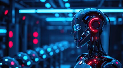 Futuristic cyborg glows red and blue