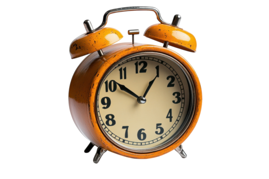 Retro Orange Alarm Clock Still Life on Black Classic Timepiece Nostalgic Design Vintage Style on transparent background