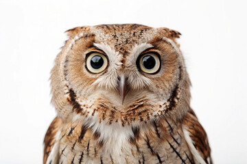 Naklejka premium Pacific Screech Owl Portrait Wide Eyes White Background