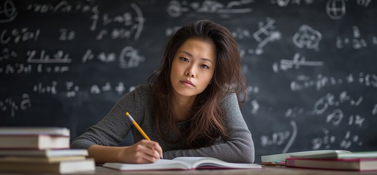 Tired Student Writing Notes in Front of Math Blackboard
