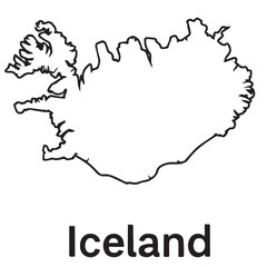 Vector map of Iceland drawn in minimalist black and white style with bold black outlines, ideal for infographics or travel brochures.

