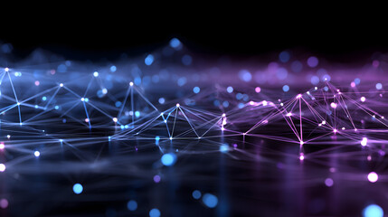 Obraz premium Futuristic 3D glowing neural network grid in blue, visualizing abstract data flow and digital connectivity for tech design and presentation materials.