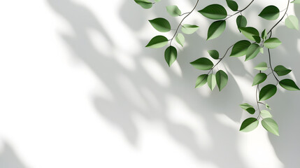 Green leaves casting soft shadows on clean white background create minimalistic and serene atmosphere