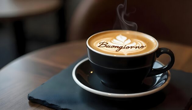 Hot Latte Coffee with Buongiorno Word Art Steaming in a Black Cup at a Cafe