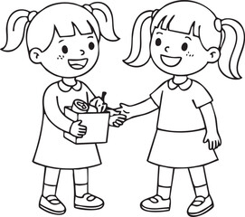 A heartwarming black and white vector illustration depicting two young girls, one offering a box of items to the other, symbolizing kindness