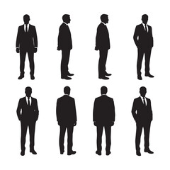 Eight black silhouettes of men in suits standing in various poses formal wear