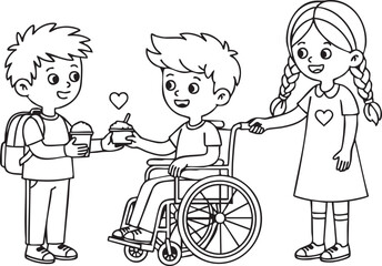  heartwarming black and white vector illustration showing two children offering support and kindness to a peer in a wheelchair, symbolizing inclusion and true friendship.