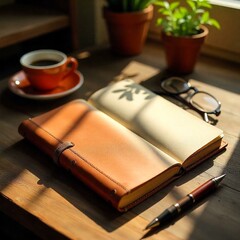 A close-up shot of a vintage leather notebook lying open on a wooden desk, with a fountain pen resting beside it. The desk is adorned with a small potted plant, a coffee cup, and a pair of glasses. So