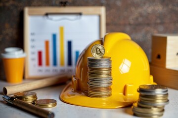 A Shiny Coin perched on a Hard Hat amidst Construction Materials with Budget Inflation Analytics.