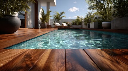 Close up of wooden decking on porch next to beautiful in ground pool