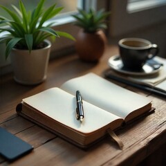 A close-up shot of a vintage leather notebook lying open on a wooden desk, with a fountain pen resting beside it. The desk is adorned with a small potted plant, a coffee cup, and a pair of glasses. So