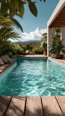 Fototapeta premium Close up of wooden decking on porch next to beautiful in ground pool