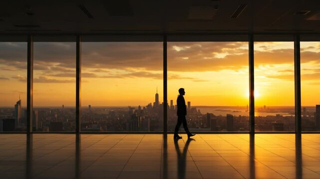 Man walking in modern office high rise with golden sunset city view professional silhouette calm atmosphere commercial editorial use high resolution image for business stock photo