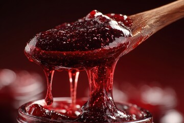 Close up of jam dripping from a wooden spoon, checking consistency