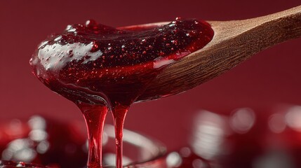 Close up of jam dripping from a wooden spoon, checking consistency
