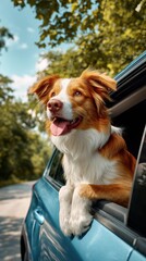  A happy dog ​​looks out of a car window during a summer road trip