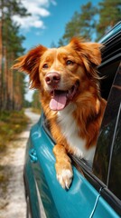 A happy dog ​​looks out of a car window during a summer road trip