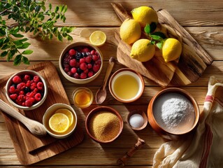 Kitchen counter with measured ingredients, sugar, lemon, pectin, berries in bowls, organized workspace