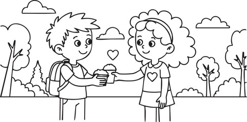 A charming black and white vector illustration depicting a young boy with a backpack offering a drink to a smiling girl in an outdoor setting