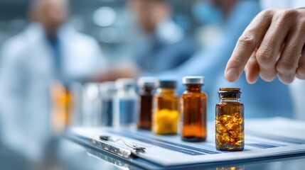 Medical consultation showing various medications, super clear focus on topical treatments, prescription bottles and medical records, perfect for allergy clinic marketing or pharmaceutical advertising