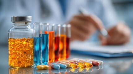 Medical consultation showing various medications, super clear focus on topical treatments, prescription bottles and medical records, perfect for allergy clinic marketing or pharmaceutical advertising