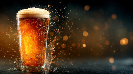 Refreshing pint of lager with splashes and bubbles on a dark background