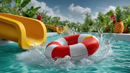  red circular float sliding down slide in water park, sunny day