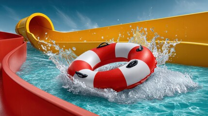  red circular float sliding down slide in water park, sunny day