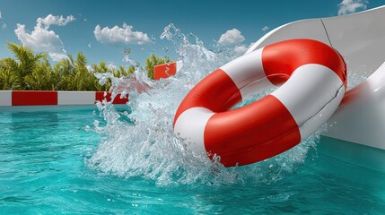  red circular float sliding down slide in water park, sunny day