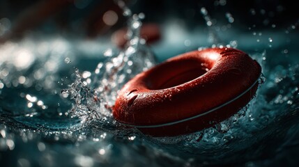  red circular float sliding down slide in water park, sunny day