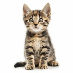 Adorable tabby kitten sitting and looking curious on white background