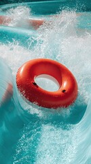  red circular float sliding down slide in water park, sunny day