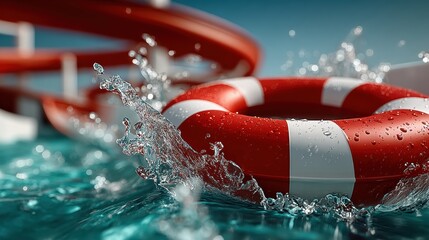  red circular float sliding down slide in water park, sunny day