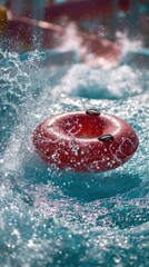  red circular float sliding down slide in water park, sunny day