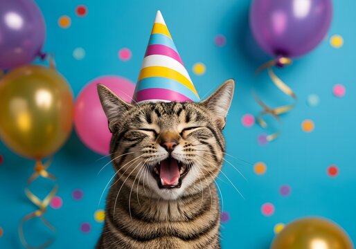 Funny cat wearing party hat celebrating birthday with balloons