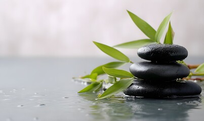 A tranquil scene of smooth black rocks stacked on top of each other, with bamboo leaves floating in the water beside them, Generative AI