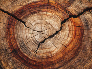 Naklejka premium Close-up of a weathered tree trunk cross-section with visible growth rings and cracks