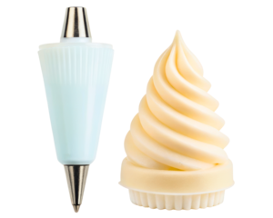Piping bag with metal nozzle beside swirl of vanilla buttercream on a transparent background