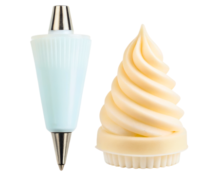 Piping bag with metal nozzle beside swirl of vanilla buttercream on a transparent background
