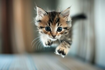 Playful tabby kitten jumping towards the camera with a determined expression on its face
