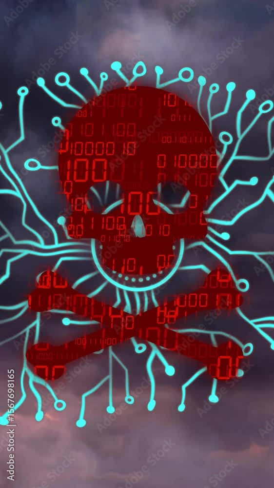 Poster Red skull with binary code and circuit lines over stormy sky