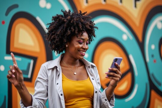 An African American woman multitasking: dancing in front of vibrant graffiti wall and checking her online bank account on mobile phone.