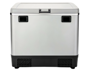 Portable cooler with steel body dual handles and air vents on a transparent background
