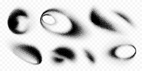 Set of soft blurry halftone monochrome gradients in various shapes. Pixelated spots, gradations with noise, grainy texture. Abstract isolated creative design elements for posters, banner print.