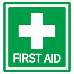 First aid symbol icon. Green medical sign with white cross and FIRST AID text. Health care emergency vector illustration on white background.