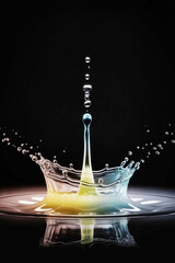 Vibrant water splash with colorful crown and falling droplets against black background