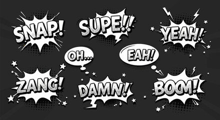 Comic book sound effects bursts offer dynamic visuals with words like SNAP, ZANG, BOOM, YEAH, SUPE and DAMN in black and white