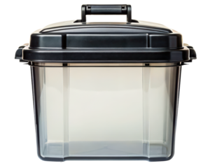 Clear plastic storage box with a black locking lid and handle on a transparent background